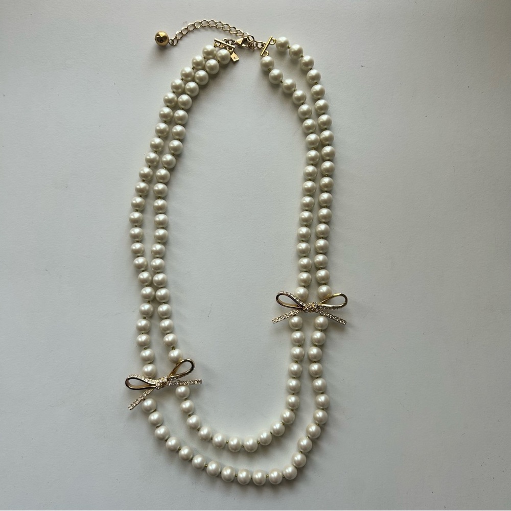 Kate Spade Double Strand Pearl Necklace with Gold Diamond Bows - Picture 2 of 8